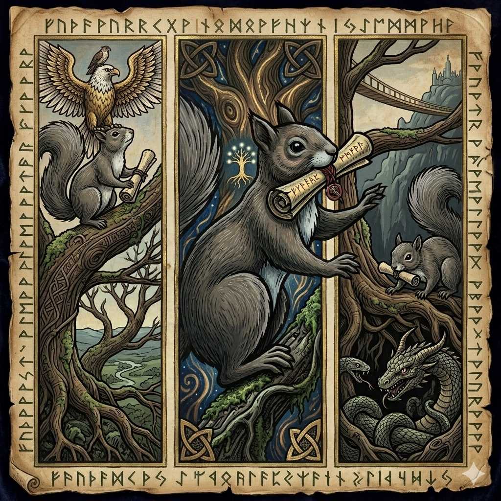 EnchantedForestDeFi triptych — Ratatoskr the messenger between the eagle Hraesvelg and the wyrm Nidhogg